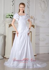 Low Cost A-line Square Wedding Dress Court Train Taffeta Hand Made Flowers