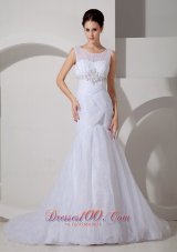 Pretty Wedding Dress Mermaid Scoop Appliques and Ruch Court Train Organza