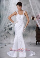 Luxurious Trumpet / Mermaid Straps Court Train Satin Lace Appliques Wedding Dress