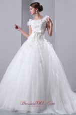 Beautiful A-line Scoop Cathedral Train Taffeta and Tulle Appliques and Hand Made Flowers Wedding Dress