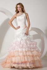 Colorful A-line One Shoulder Wedding Dress Brush Train Organza Beading