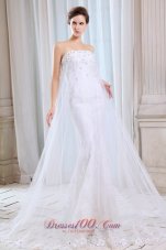 Pretty Mermaid Strapless Court Train Tulle Appliques Wedding Dress