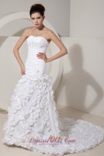 Beautiful Mermaid Strapless Court Train Satin Beading and Hand Made Flower Wedding Dress