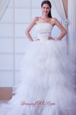 Romantic A-line Strapless Brush Train Tulle Beading Wedding Dress