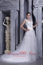 White A-line Square Court Train Tulle Lace Wedding Dress