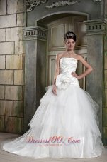 Popular A-line Strapless Chapel Train Tulle and Taffeta Beading Wedding Dress