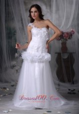 Beautiful A-line One Shoulder Brush Train Taffeta and Tulle Hand Made Flowers Wedding Dress