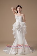 Unique Mermaid Strapless Wedding Dress Satin and Organza Appliques Court Train