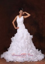 V-neck A-line Organza Chapel Train Ruffles Church Stylish Wedding Dress For Custom Made In 2013