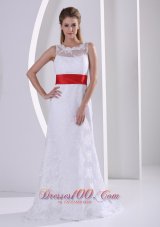 Column Bateau Lace Sash Romantic Beach Wedding Dress For Hall
