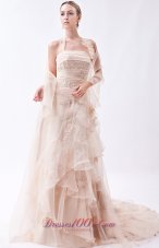 Champagne Column Halter Court Train Organza Appliques Prom Dress