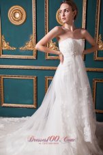 Beautiful A-line Strapless Cathedral Train Tulle Beading Wedding Dress