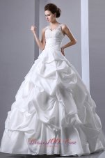 Elegant A-line V-neck Floor-length Taffeta Ruch and Appliques Pick-ups Wedding Dress
