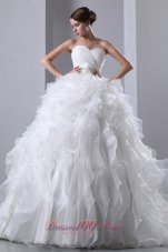 Wonderful A-line Sweetheart Chapel Train Taffeta and Organza Beading and Ruffles Wedding Dress