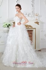 Discount A-line Sweetheart Chapel Train Satin Feather Ruch and Beading Wedding Dress
