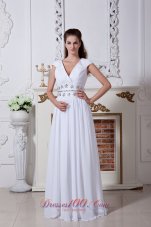 White Empire V-neck Floor-length Chiffon Beading Prom Dress