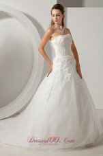 Modest A-line Strapless Court Train Organza Appliques Wedding Dress