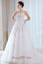 Sweet A-line Strapless Court Train Tulle Beading Wedding Dress