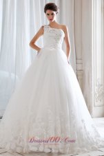 Unique Princess One Shoulder Court Train Tulle Beading and Appliques Wedding Dress