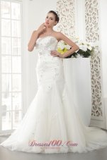 Exquisite Mermaid Strapless Court Train Tulle Beading Wedding Dress