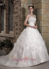 Gorgeous A-line Strapless Wedding Dress Chapel Train Taffeta and Organza Appliques