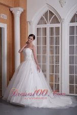 Custom Made A-line Strapless Chapel Train Taffeta and Organza Appliques Wedding Dress