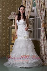 Fashionable A-line Swetheart Brush Train Taffeta and Lace Ruffled Layers Wedding Dress