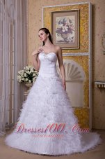 Modest A-line One Shoulder Wedding Dress Satin and Tulle Appliques Brush Train