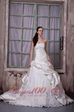 Gorgeous A-line Strapless Wedding Dress Taffeta and Lace Appliques and Hand Made Flower Chapel Train