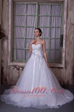 Modest A-line Sweetheart Chapel Train Taffeta and Organza Appliques and Hand Made Flower Wedding Dress