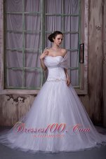 Elegant A-line / Princess Wedding Dress Strapless Chapel Train Tulle Appliques With Beading