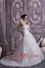 Customize A-line / Princess One Shoulder Wedding Dress Tulle Beading Court Train