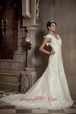Beautiful A-line V-neck Chapel Train Organza and Taffeta Appliques Wedding Dress