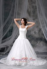 Madrid Iowa Appliques Decorate Bodice A-line Straps Chapel Train 2013 Wedding Dress