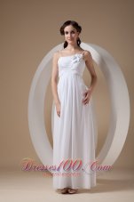 Elegant Empire Spaghetti Straps Ankle-length Chiffon Ruch and Hand Made Flowers Wedding Dress