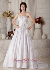 Elegant Wedding Dress A-line Strapless Beading and Hand Made Flower Brush Train Taffeta