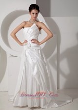 Customize A-line Strapless Wedding Dress Court Train Satin Hand Made Flower