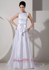 Low Cost A-line Bateau Wedding Dress Brush Train Satin Sash