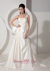 Informal A-line Wedding Dress One Shoulder Appliques and Ruch Court Train Satin