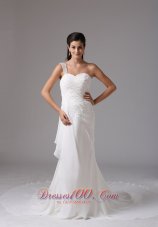 Stylish Column One Shoulder Wedding Dress Appliques Decorate Bust Chiffon Court Train