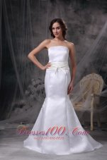 Custom Made White Mermaid Strapless Low Cost Wedding Dress Satin Belt Brush Train