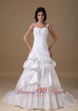 Modest A-line Straps Court Train Taffeta Appliques Wedding Dress