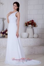 White Column One Shoulder Brush Train Chiffon Appliques Prom / Evening Dress