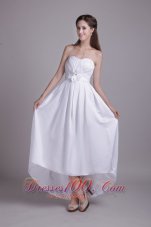 White Empire Strapless Ankle-length Taffeta Handle-made Flower Wedding Dress