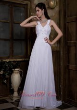 Beautiful Empire V-neck Watteau Train Taffeta and Chiffon Pleat and Beading Wedding Dress