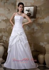 Simple A-line Wedding Dress Strapless Hand Made Flower Brush Train Taffeta