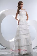 Simple A-line Off The Shoulder Low Cost Wedding Dress Chapel Train Satin and Organza Hand Made Flower and Ruffled Layers