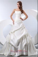 Simple A-line Strapless Low Cost Wedding Dress Chapel Train Satin and Taffeta Pick-ups