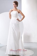 Elegant Column One Shoulder Court Train Taffeta Appliques With Beading Wedding Dress