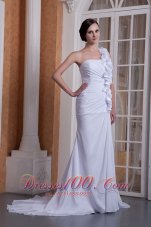 Pretty Column One Shoulder Brush Train Hand Made Flower Chiffon Wedding Dress